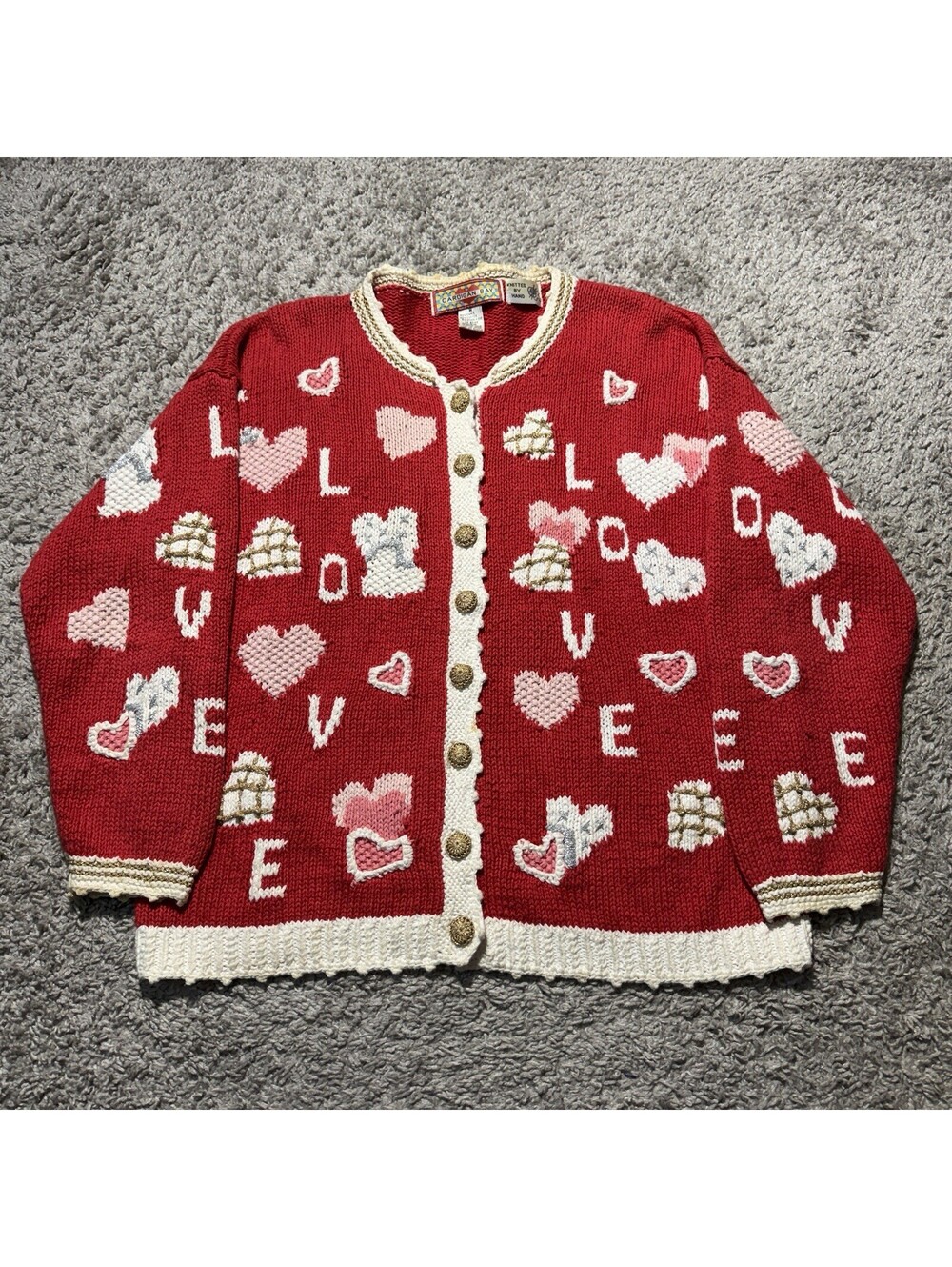 Vintage Valentines Day Cardigan Sweater Hand Knit Heart Red Love Grandma Medium